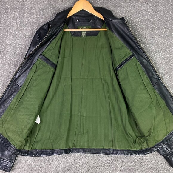 Eddie Bauer Leather Jacket Men's Large Tall LT Heavyweight Bomber Black - Picture 4 of 12